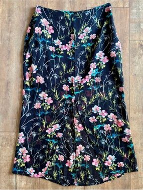 Express Black Floral Midi Slip Skirt Front Slit Size Small